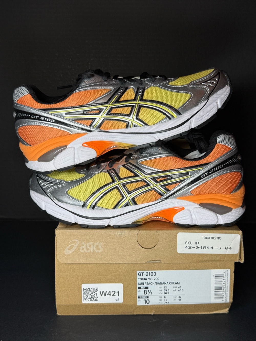 ASICS GT-2160 Men’s Running Shoes — Yellow and Orange with Silver Accents 8.5M